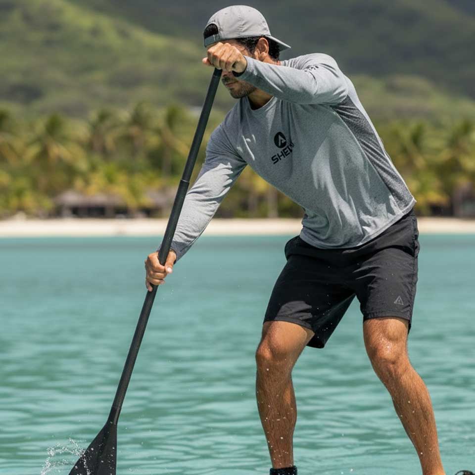 Person paddleboarding in a tropical setting with palm trees and a beach in the background.