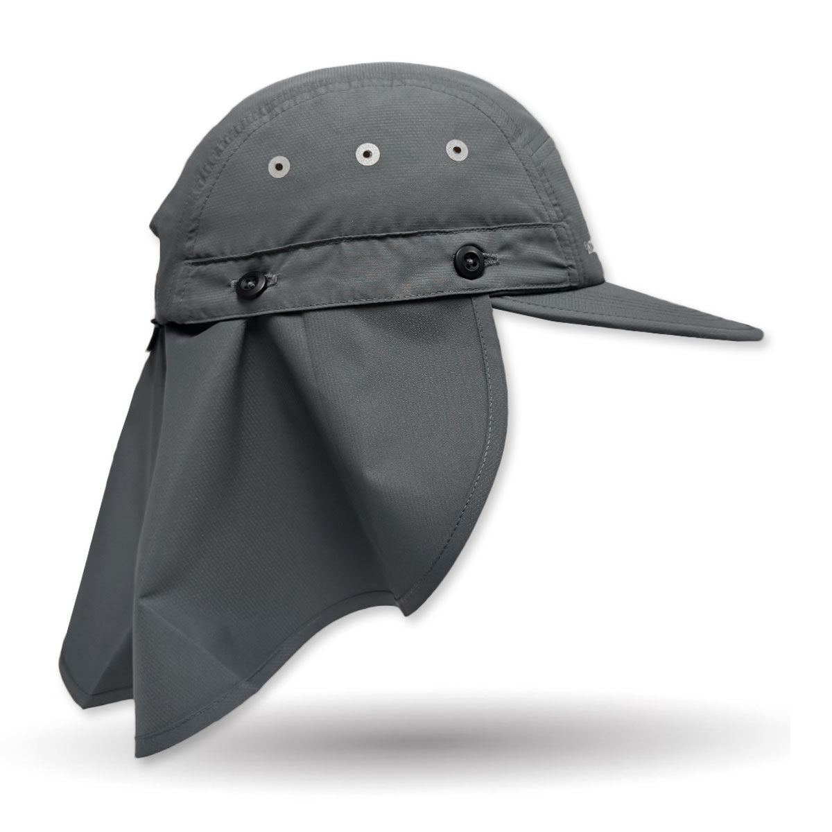 Gray sun hat with neck flap on a white background
