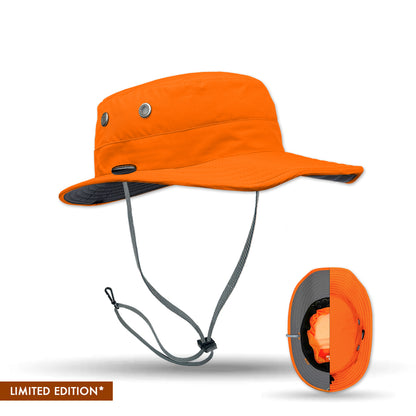 Orange sun hat with gray chin strap on a white background
