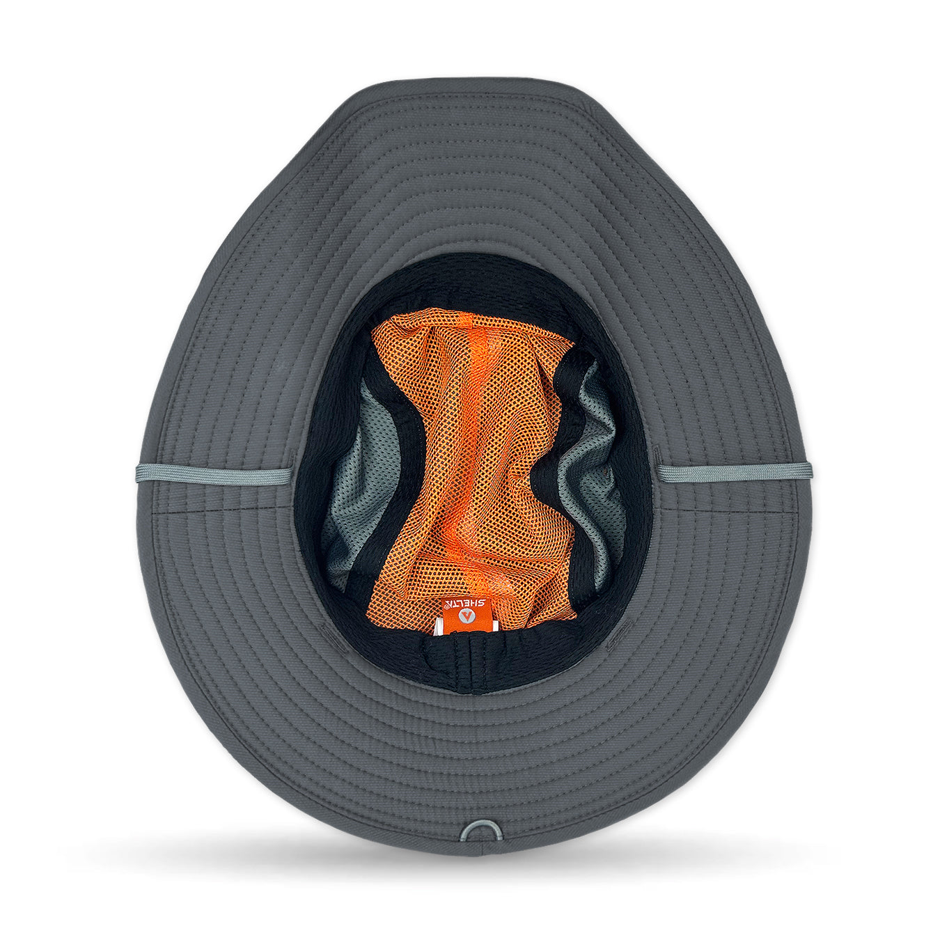 Gray wide-brimmed hat with orange interior lining on a white background