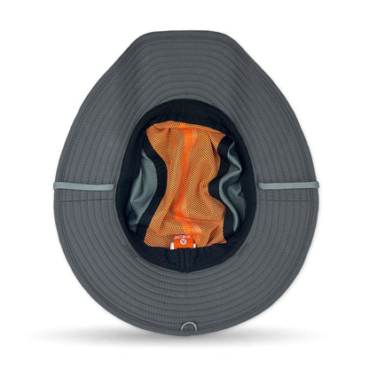 Gray wide-brimmed hat with orange interior lining on a white background