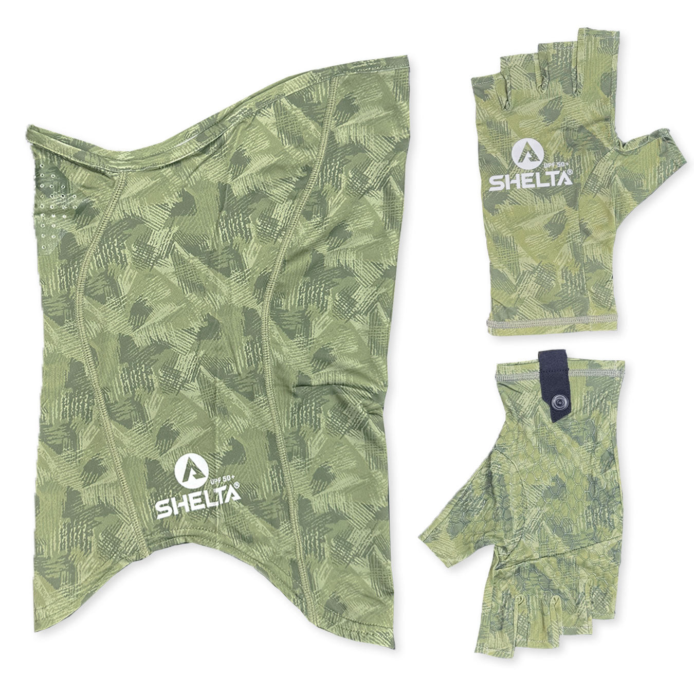 Shelta Face Gaitor in Palm Green color wutg matching gloves