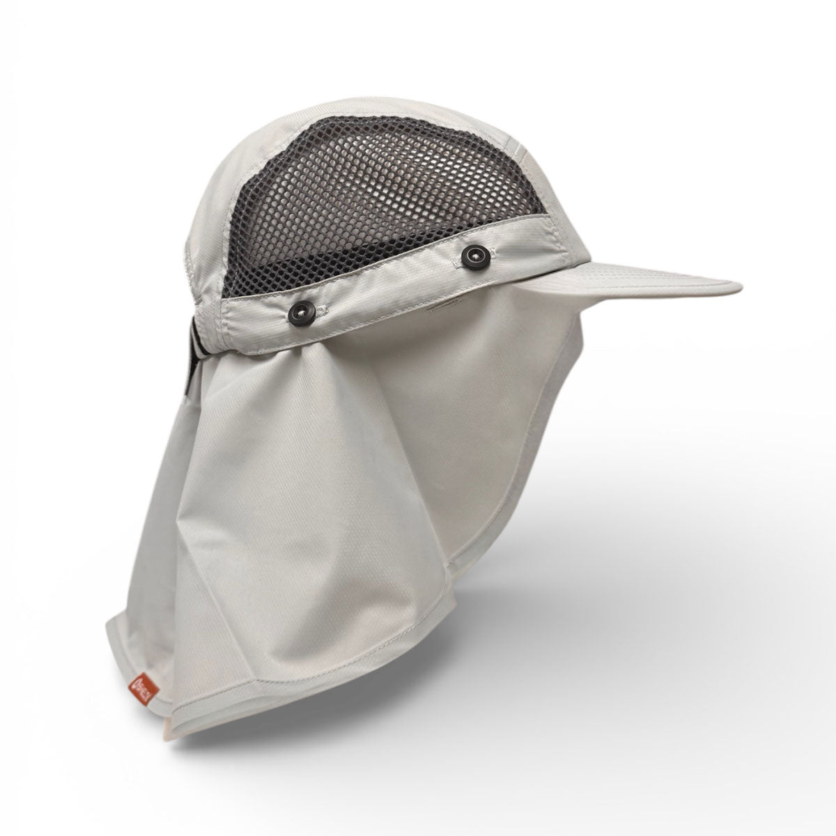 Beige sun cap with mesh face covering on a white background