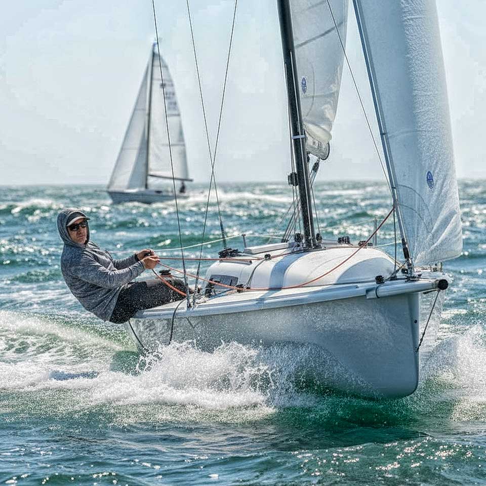 Person sailing a white sailboat on choppy waters with another sailboat in the background.