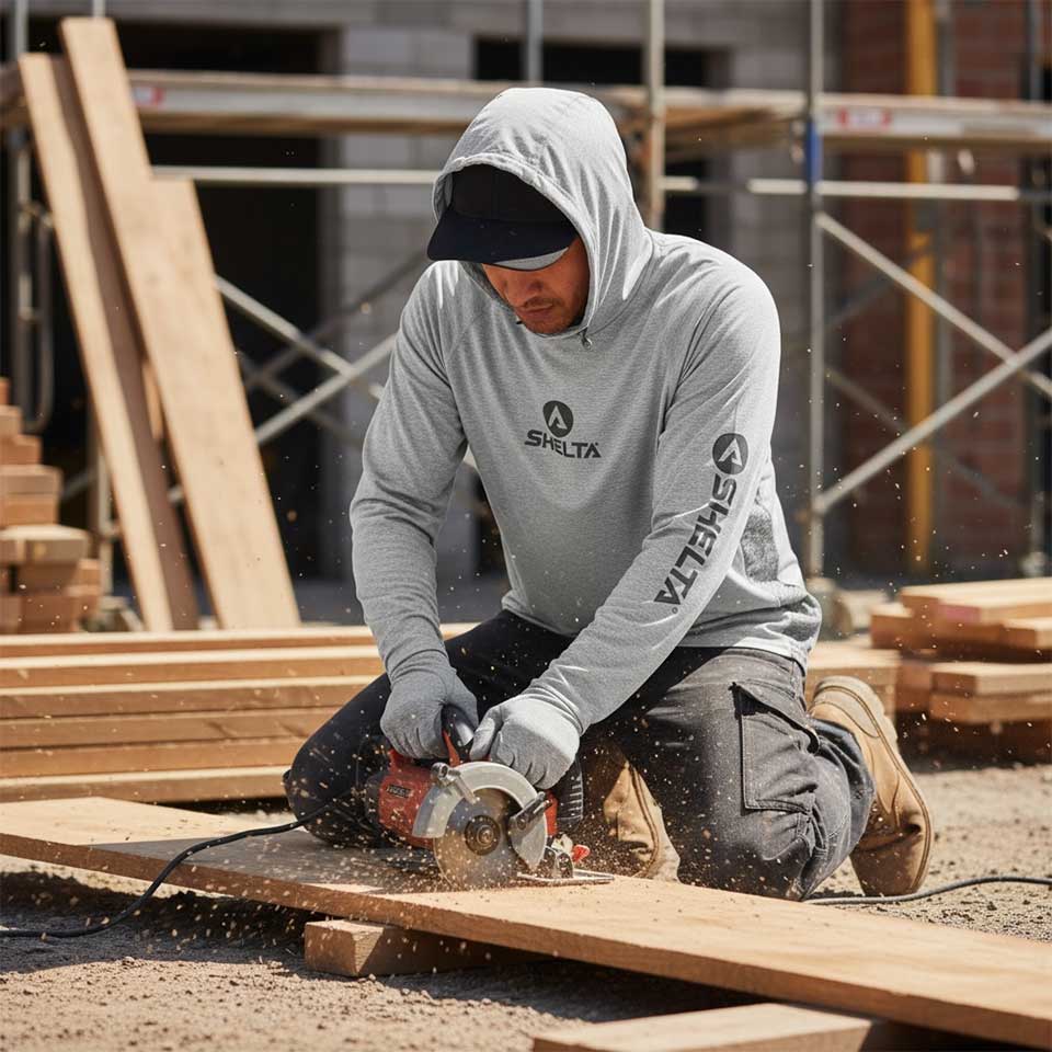 Person wearing a Shelta hoodie using a power tool on a construction site