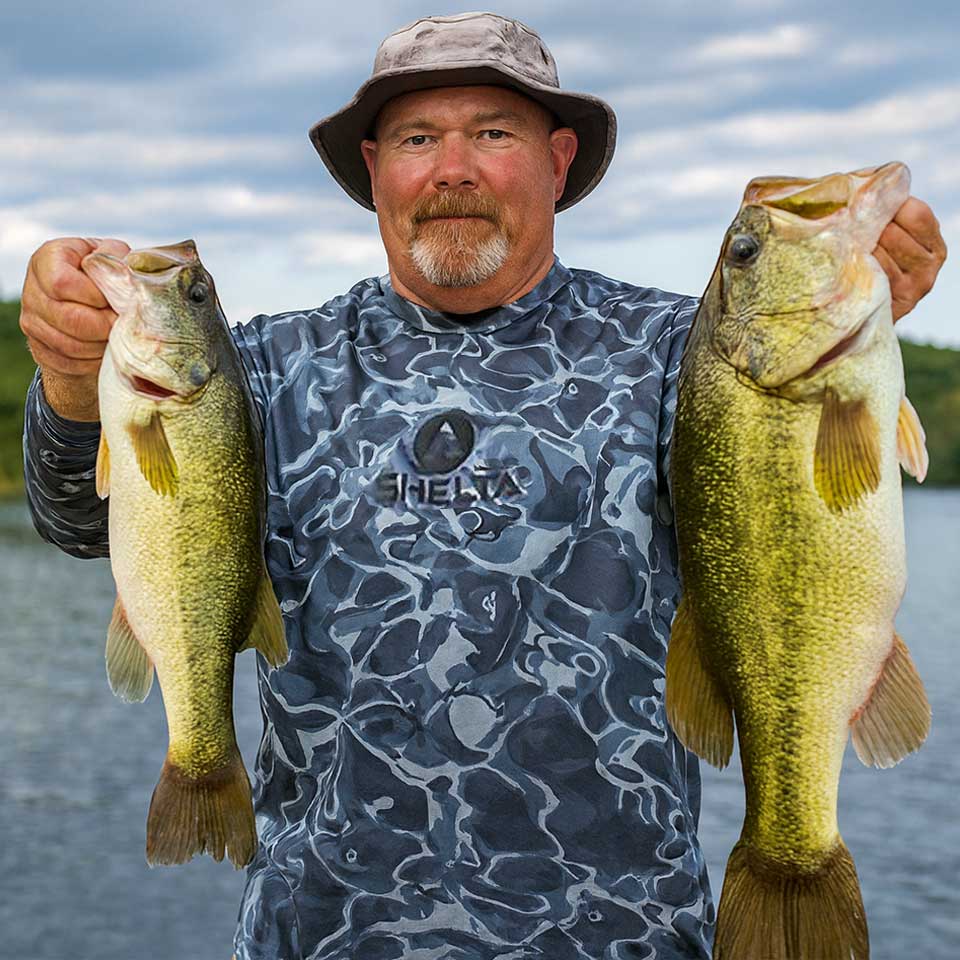 Man holding two large bass by a body of water