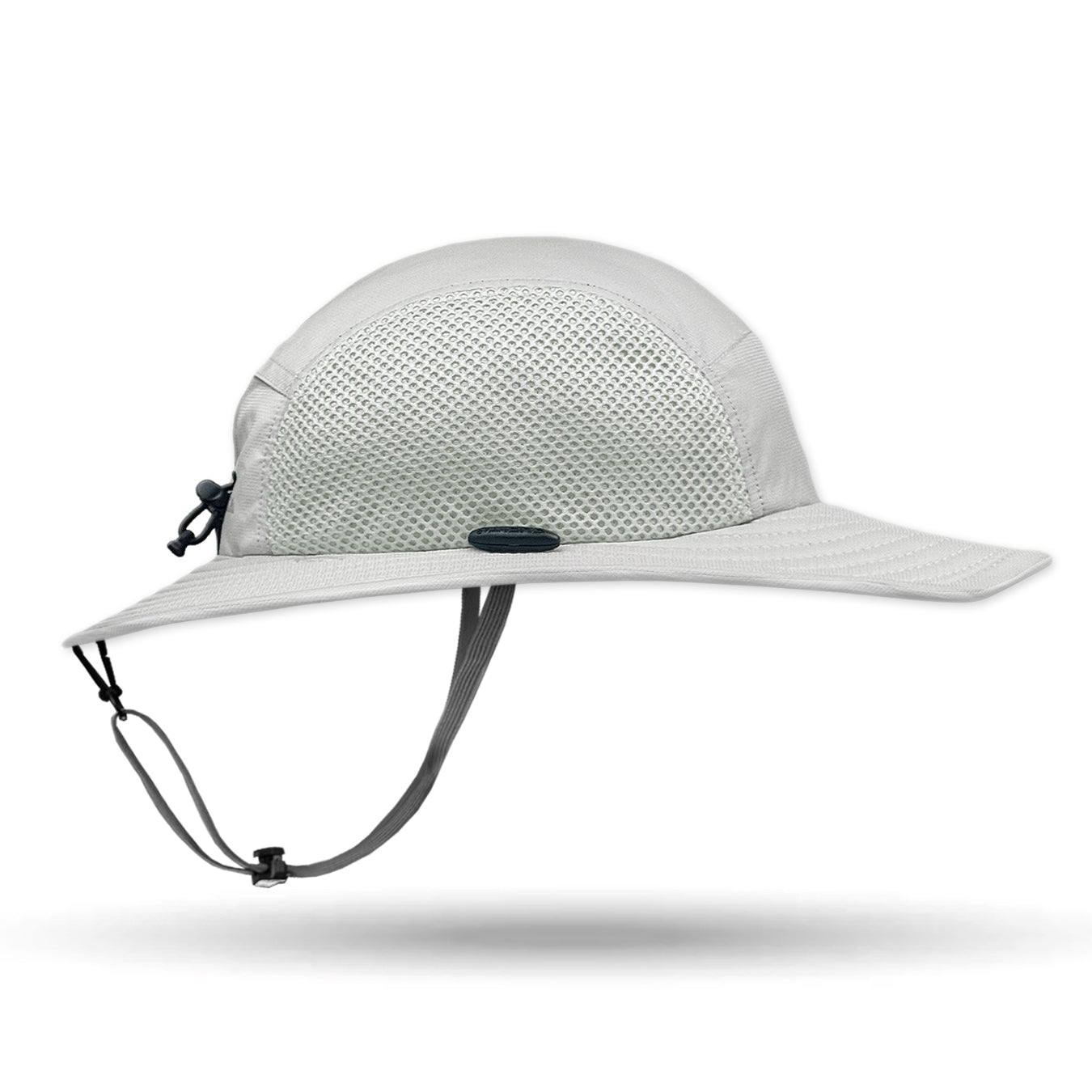 White sun hat with a mesh design on a white background