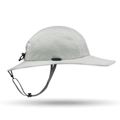 White sun hat with a mesh design on a white background