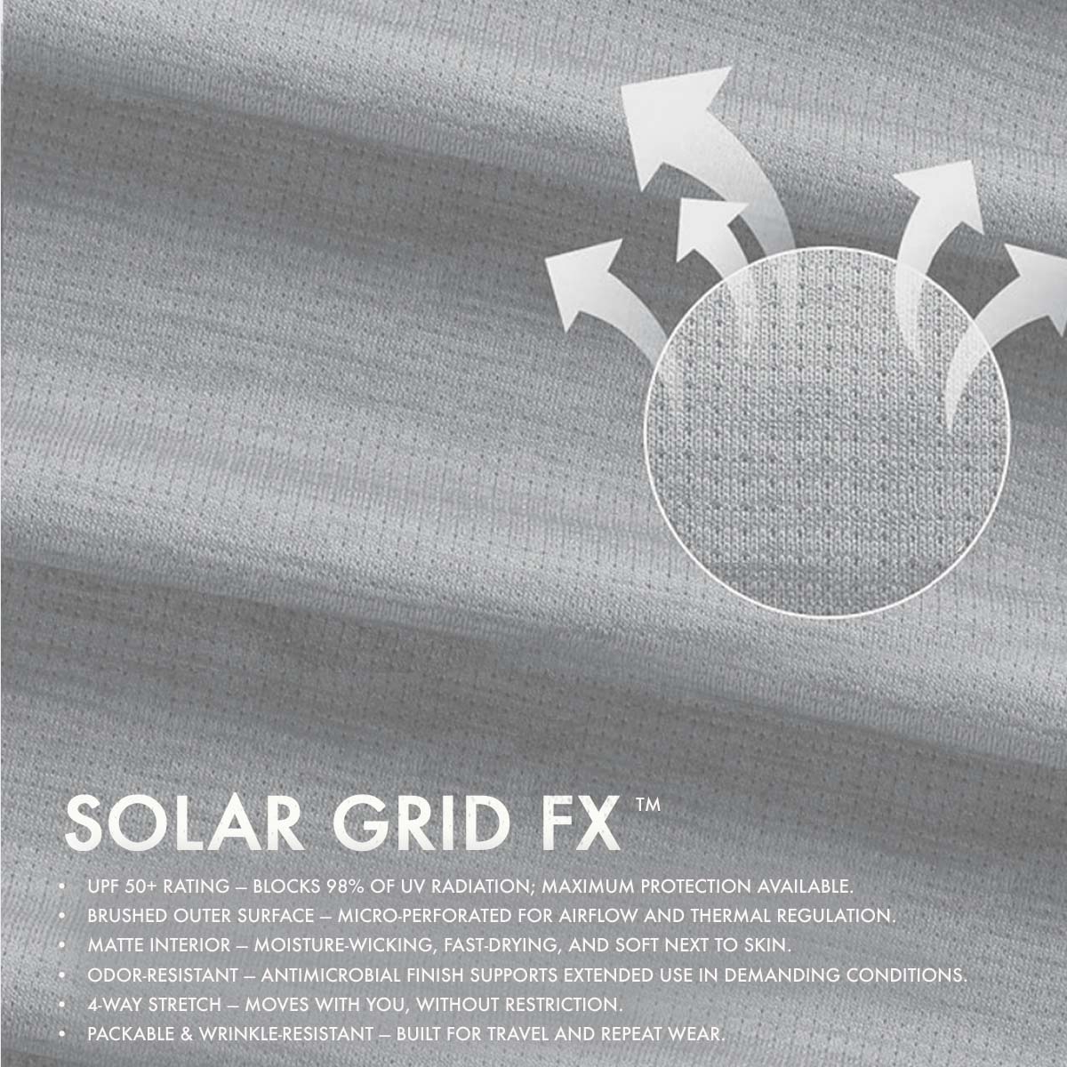 Textured fabric with 'Solar Grid FX' features and specifications.