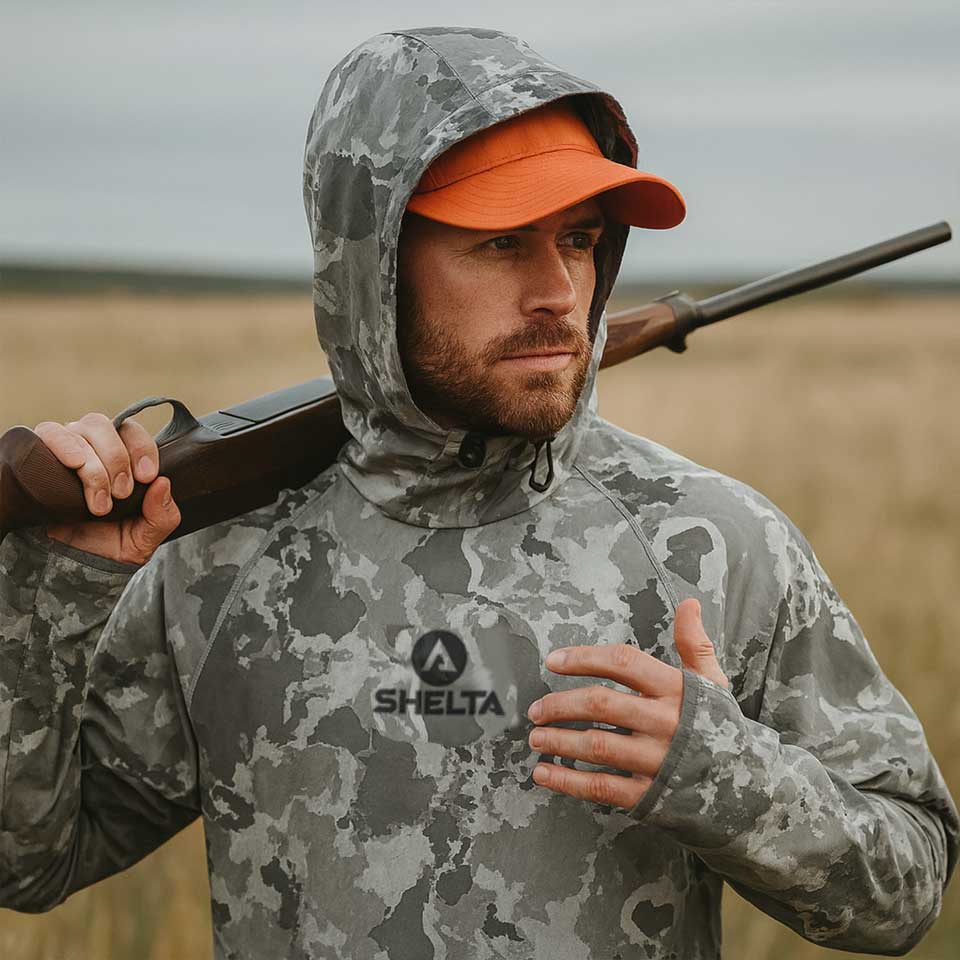 Man in camouflage hunting outfit holding a rifle in an open field