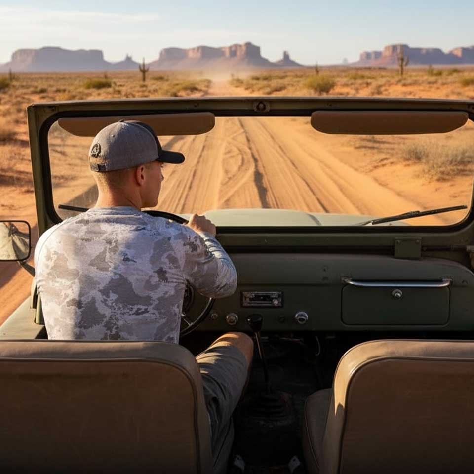 Person driving an open-top vehicle through a desert landscape with large rock formations.