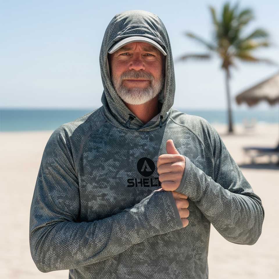 Man wearing a gray hoodie with a shelta logo on a beach