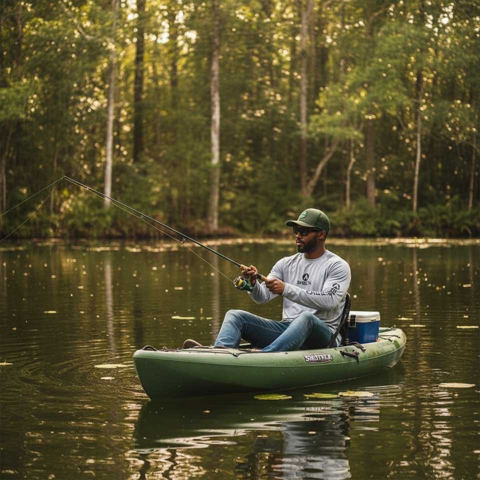 Man fishing from a kayak on a calm lake surrounded by trees