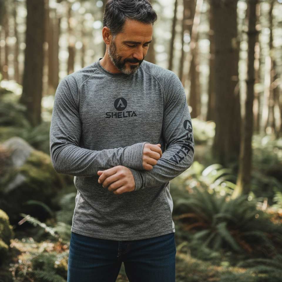 Man wearing a gray long-sleeve shirt with 'Shelta' logo in a forest setting