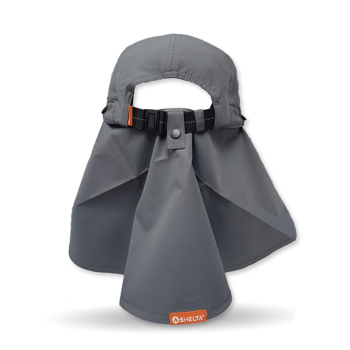 Gray neck gaiter with a brand logo on a white background