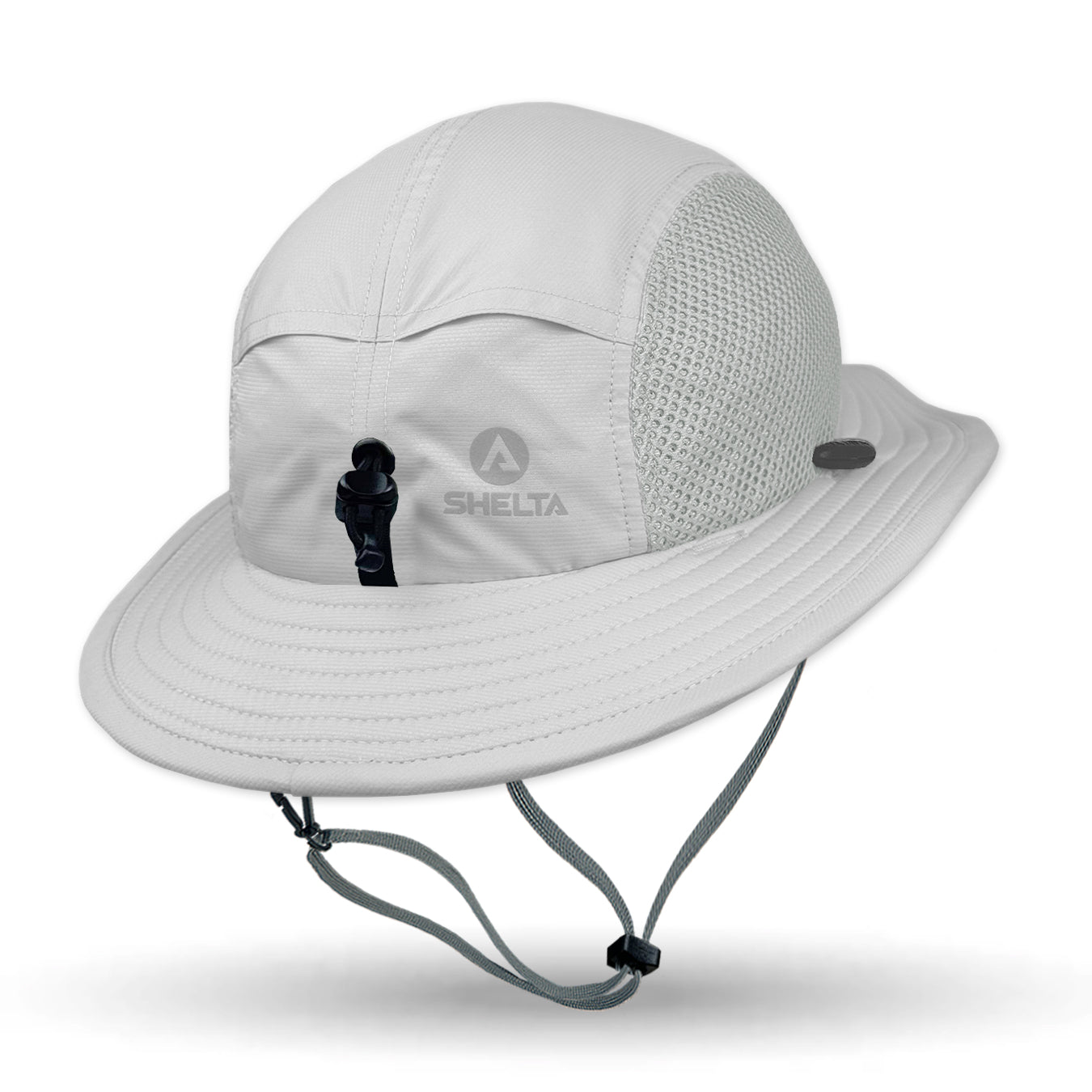 Light gray sun hat with mesh design and brand logo on a white background
