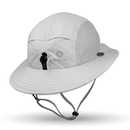 Light gray sun hat with mesh design and brand logo on a white background
