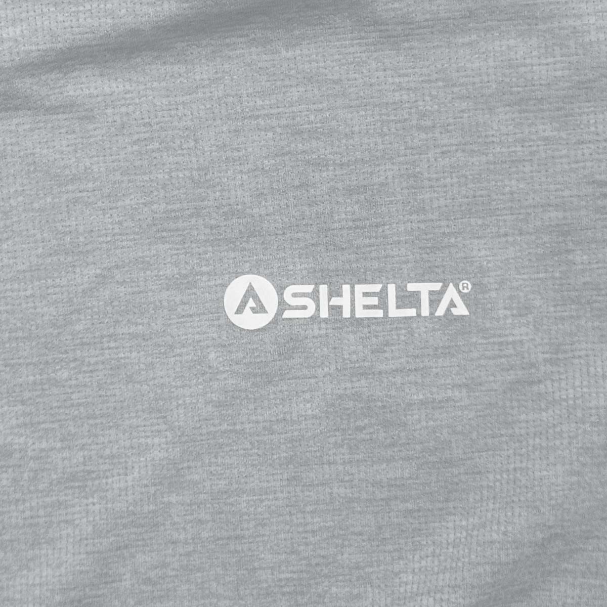 Gray fabric with a white logo and text on a gray background