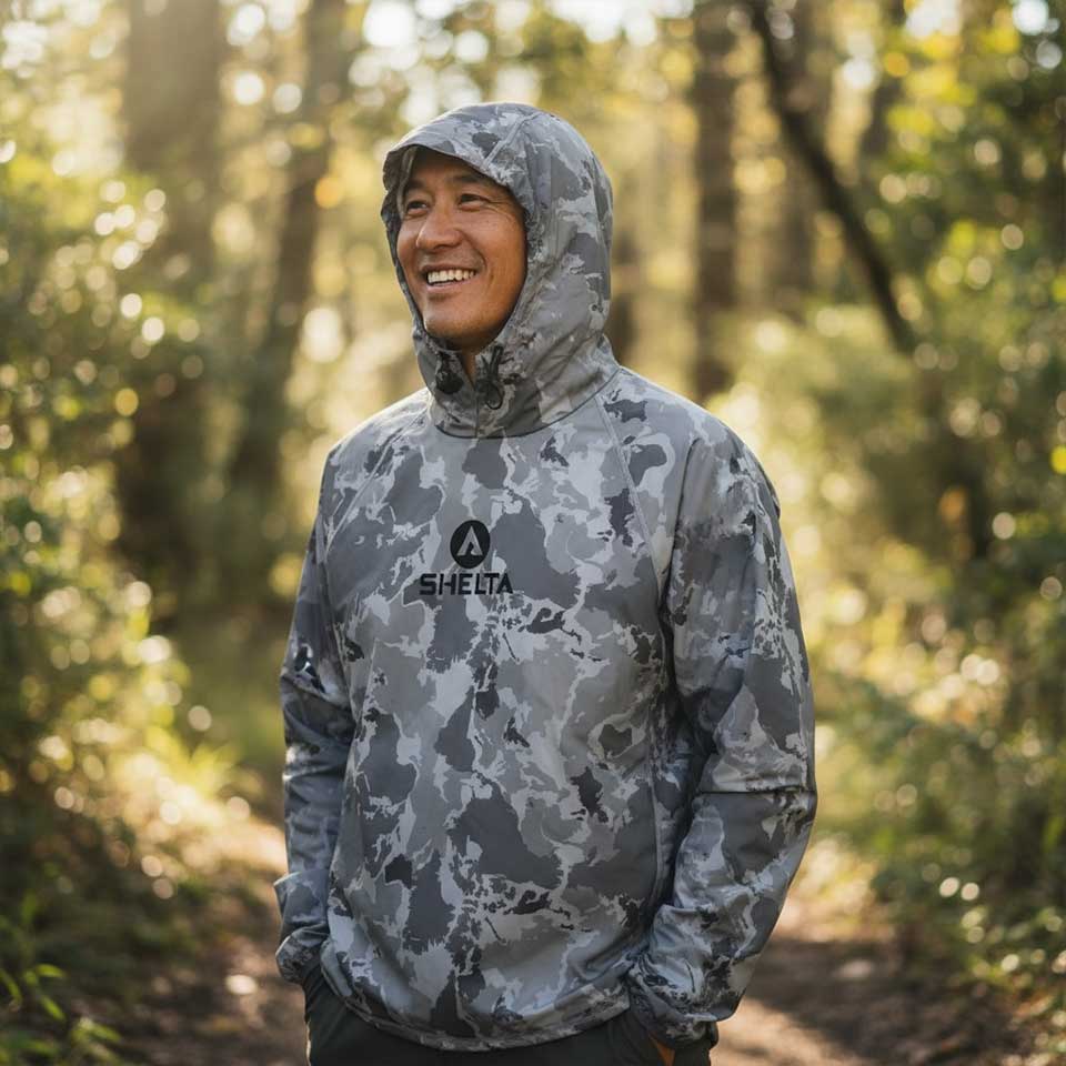 Person wearing a camouflage hoodie with 'SHELTA' branding in a forest setting