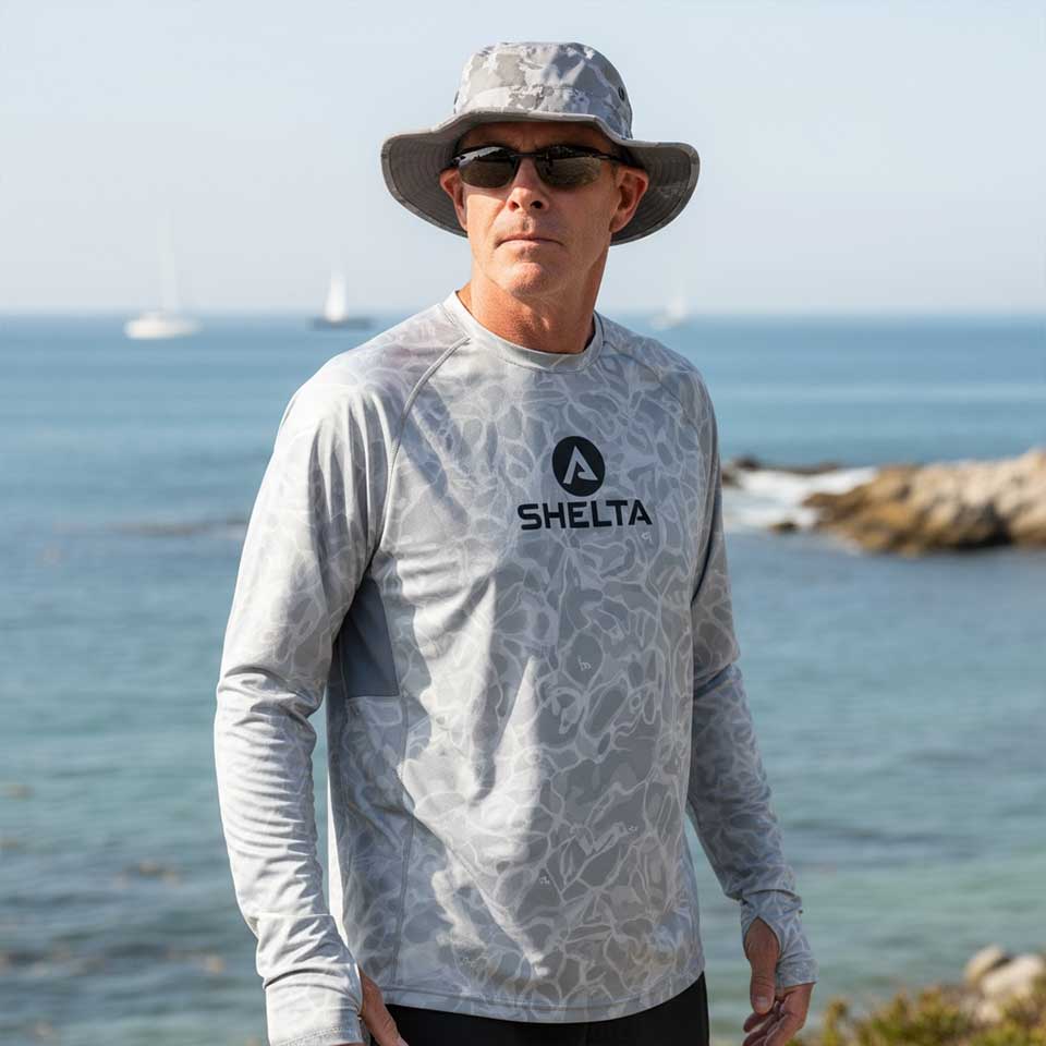 Person wearing a Shelta branded shirt and hat by the ocean