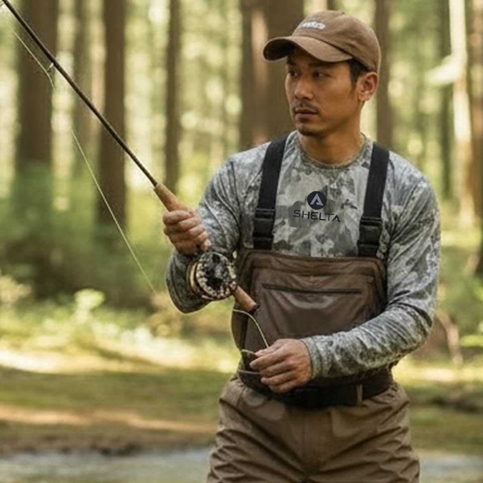 Man fishing in a forest wearing a camouflage shirt and brown waders.