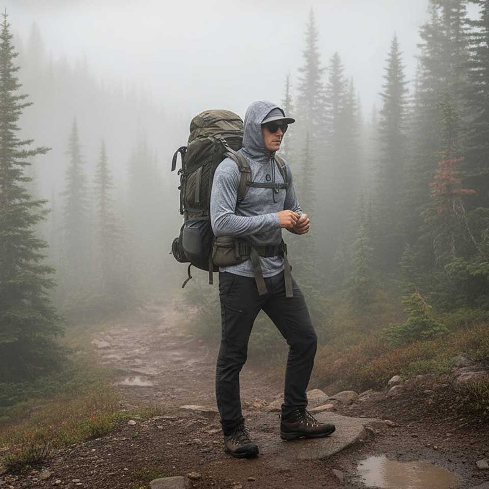 Hiker with a backpack on a misty forest path