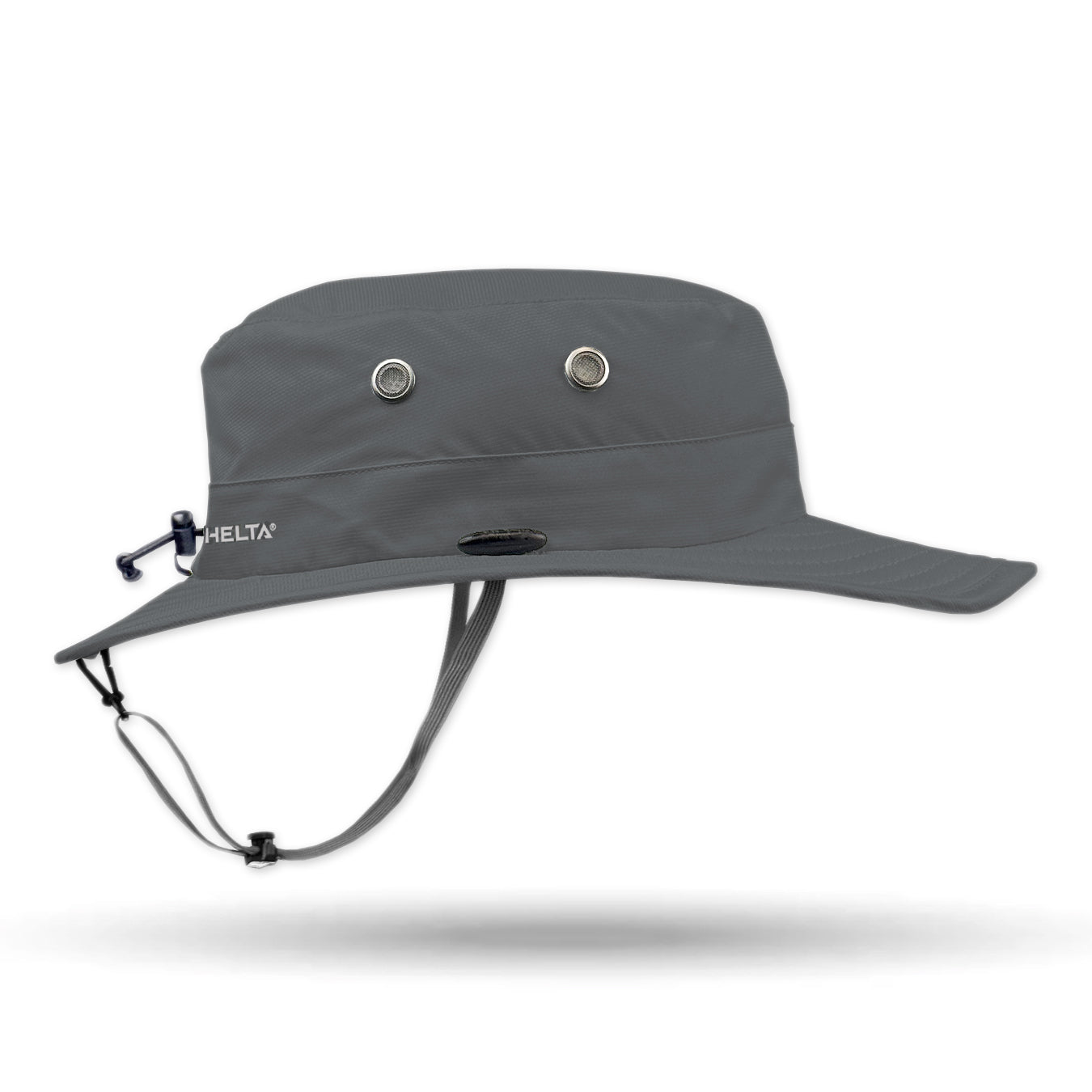 Gray  No Flop sun hat with detachable  hat with a chin strap on a white background