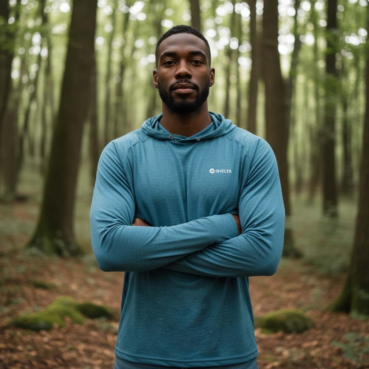 Man wearing a blue hoodie with a brand logo in a forest setting