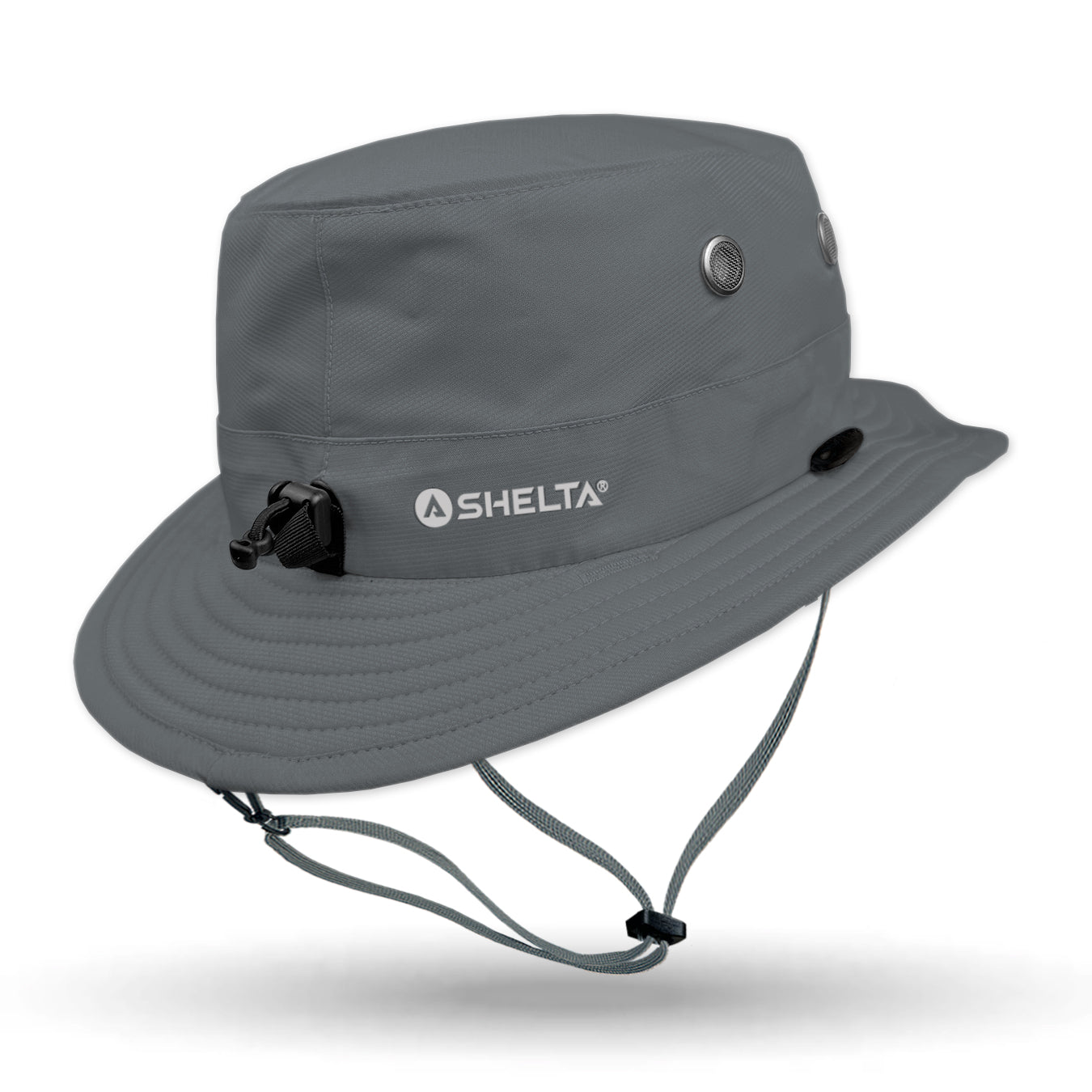 Gray bucket hat with a visible brand logo on a white background