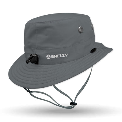 Gray bucket hat with a visible brand logo on a white background