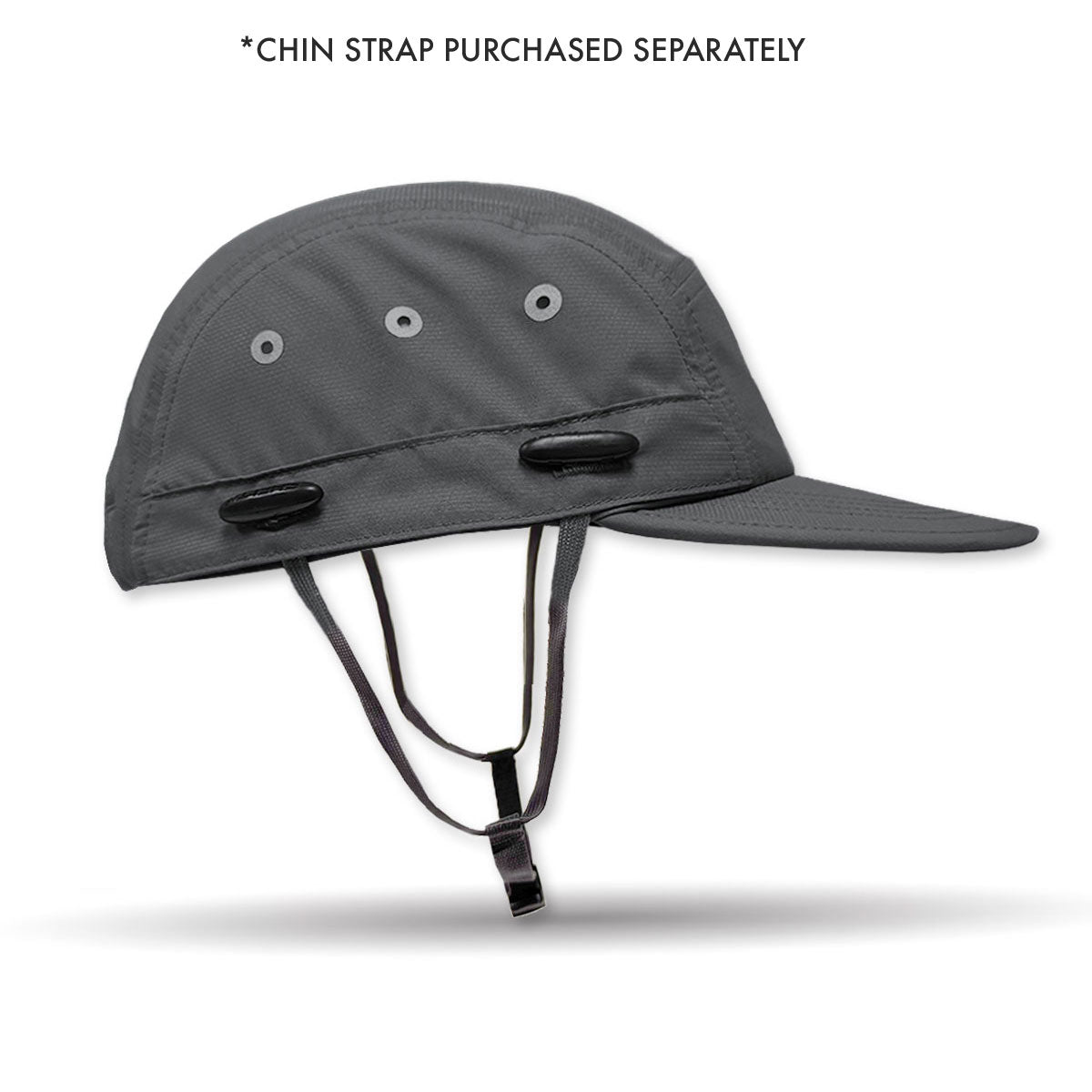A dark gray sun hat with a wide brim, ventilation eyelets, and chin straps, shown on a white background with text at the top stating '*CHIN STRAP PURCHASED SEPARATELY'.