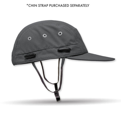 A dark gray sun hat with a wide brim, ventilation eyelets, and chin straps, shown on a white background with text at the top stating '*CHIN STRAP PURCHASED SEPARATELY'.