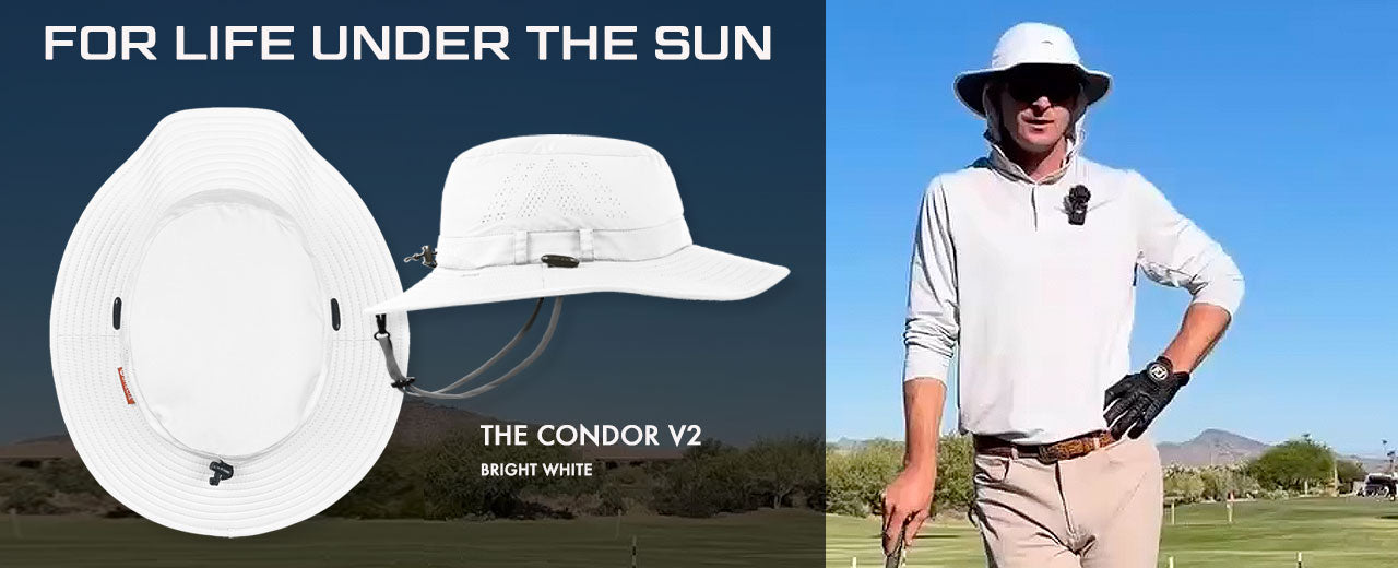 A promotional composite for a white sun hat. The left side shows two views of the hat on a dark background with the text 'FOR LIFE UNDER THE SUN' and 'THE CONDOR V2 BRIGHT WHITE.