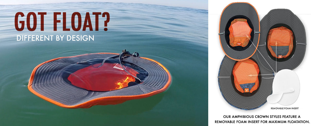 A promotional product image showing a floating wearable device on water, with text reading 'GOT FLOAT? DIFFERENT BY DESIGN' and a smaller inset diagram on the right showing the device from above and a white foam insert.