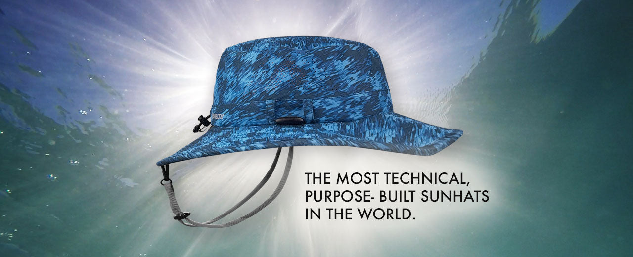 Blue Shelta sunhat with text on a background of water and sunlight