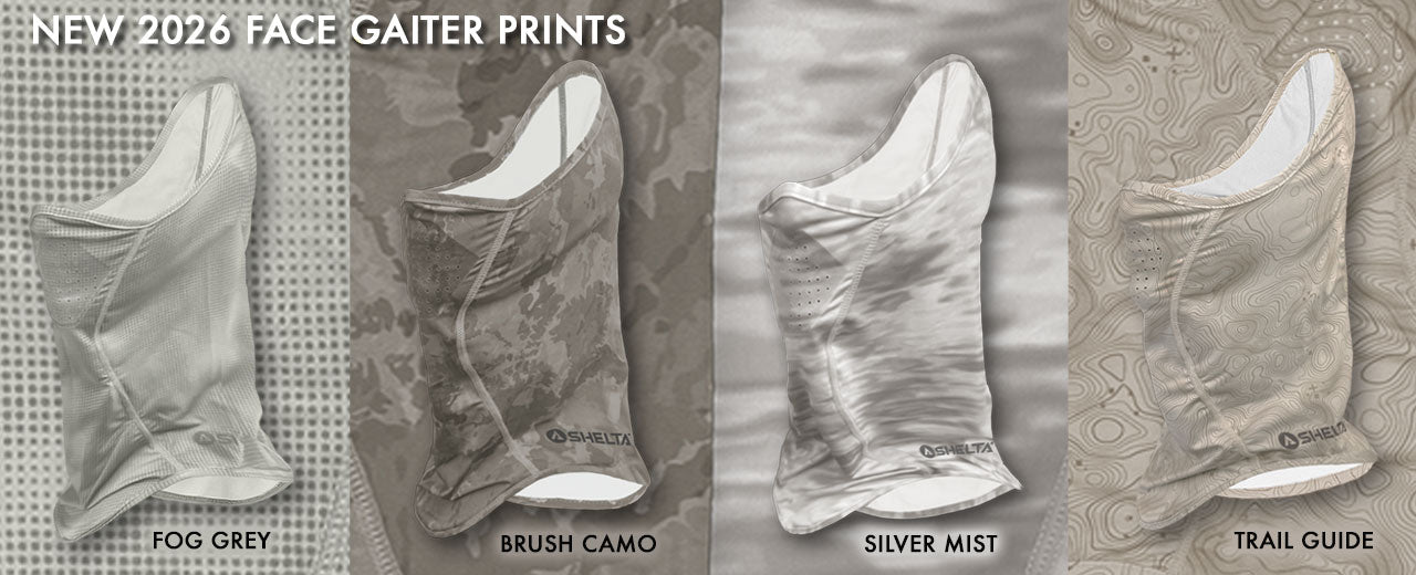 Four face gaiter prints shown on a textured background with brand name.