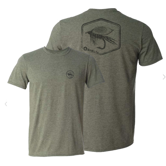 Shelta Hex Fly logo short sleeve tee shirt in Heather Olive color
