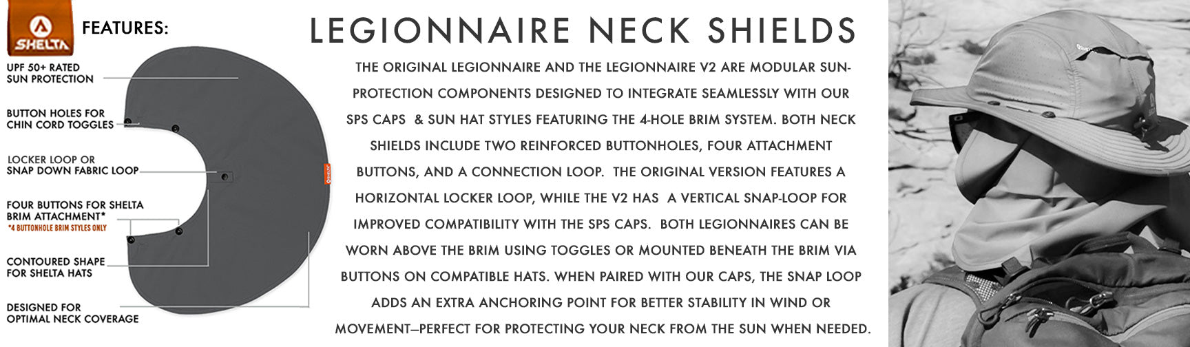 Legionnaire neck shields with text detailing features and specifications.