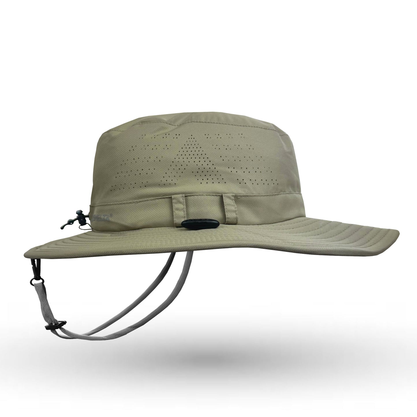 Beige wide-brimmed hat with a chin strap on a white background