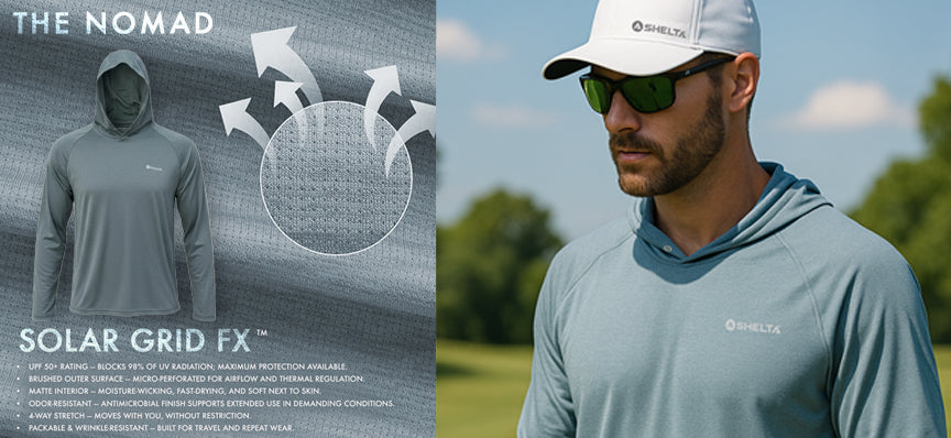 Man wearing a gray hoodie with solar grid FX technology on a sunny day.