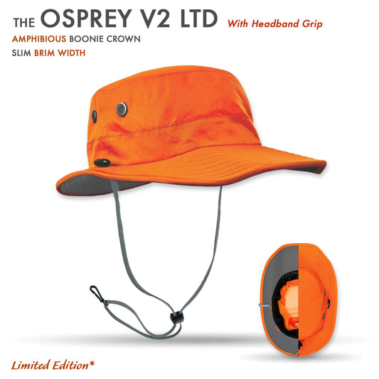 Orange Osprey V2 LTD hat with headband grip on a white background