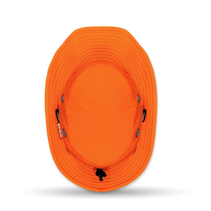 Orange bucket hat with a brand logo on a white background