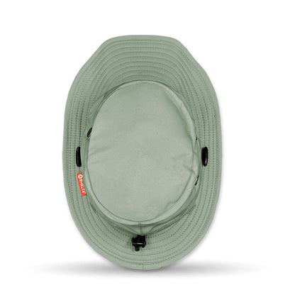 Green bucket hat with a brand logo on a white background