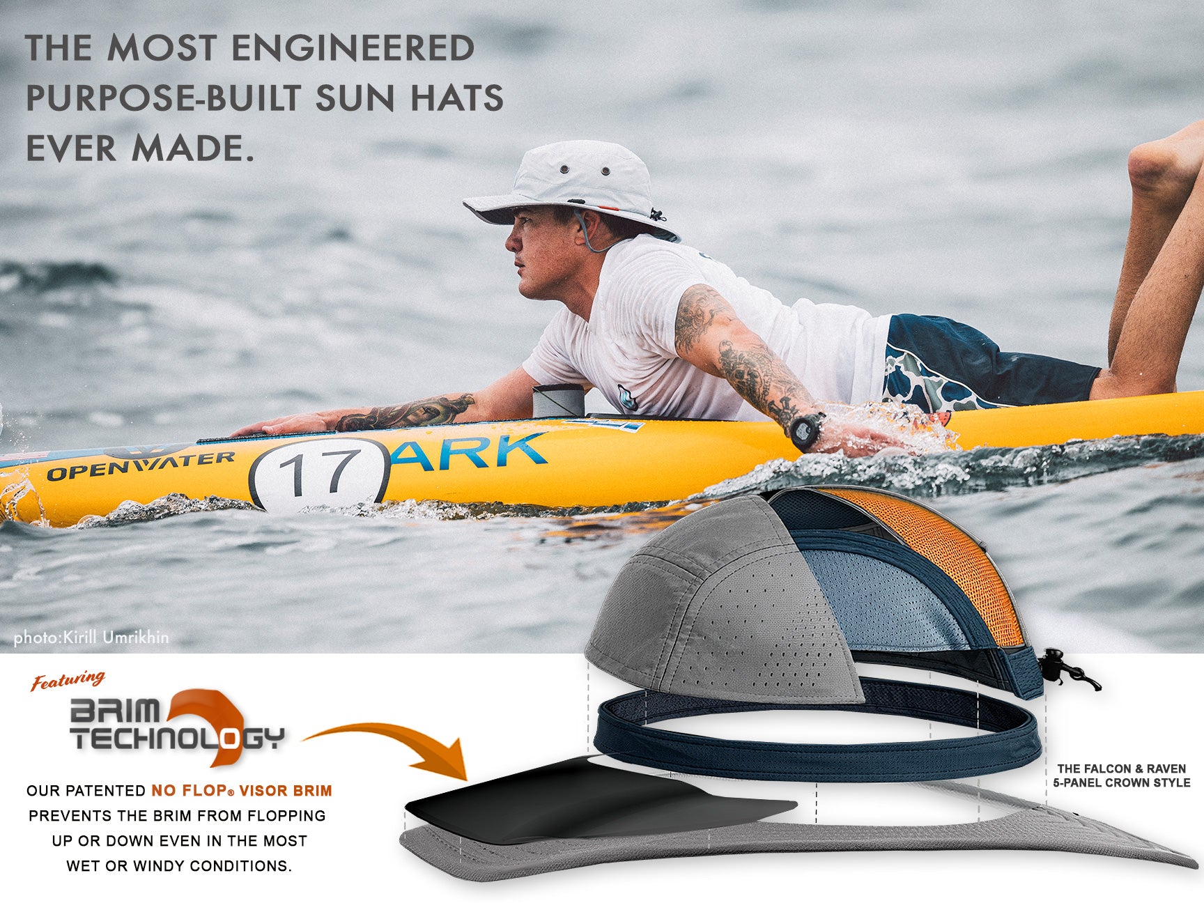 Person paddleboarding with a sun hat featuring brim technology on a water background