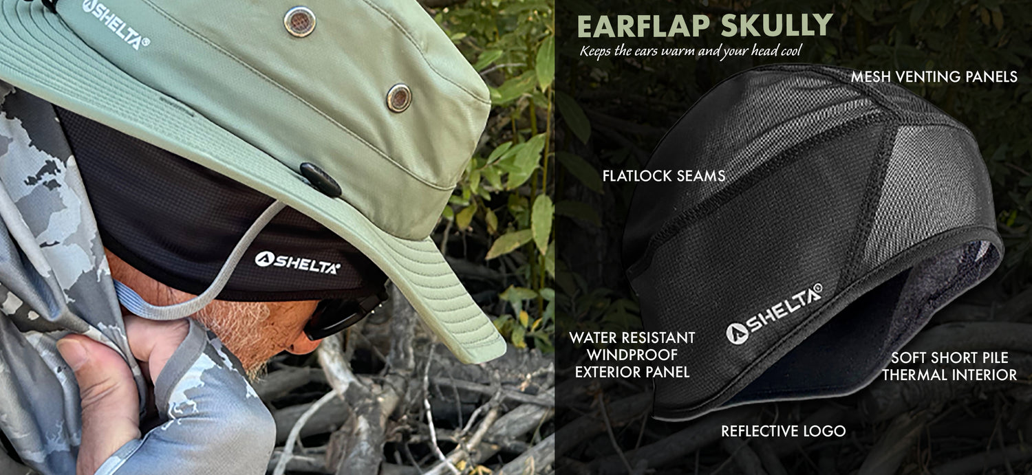 picture of man wearing earflap skully under shelta sun hat for ear warmth