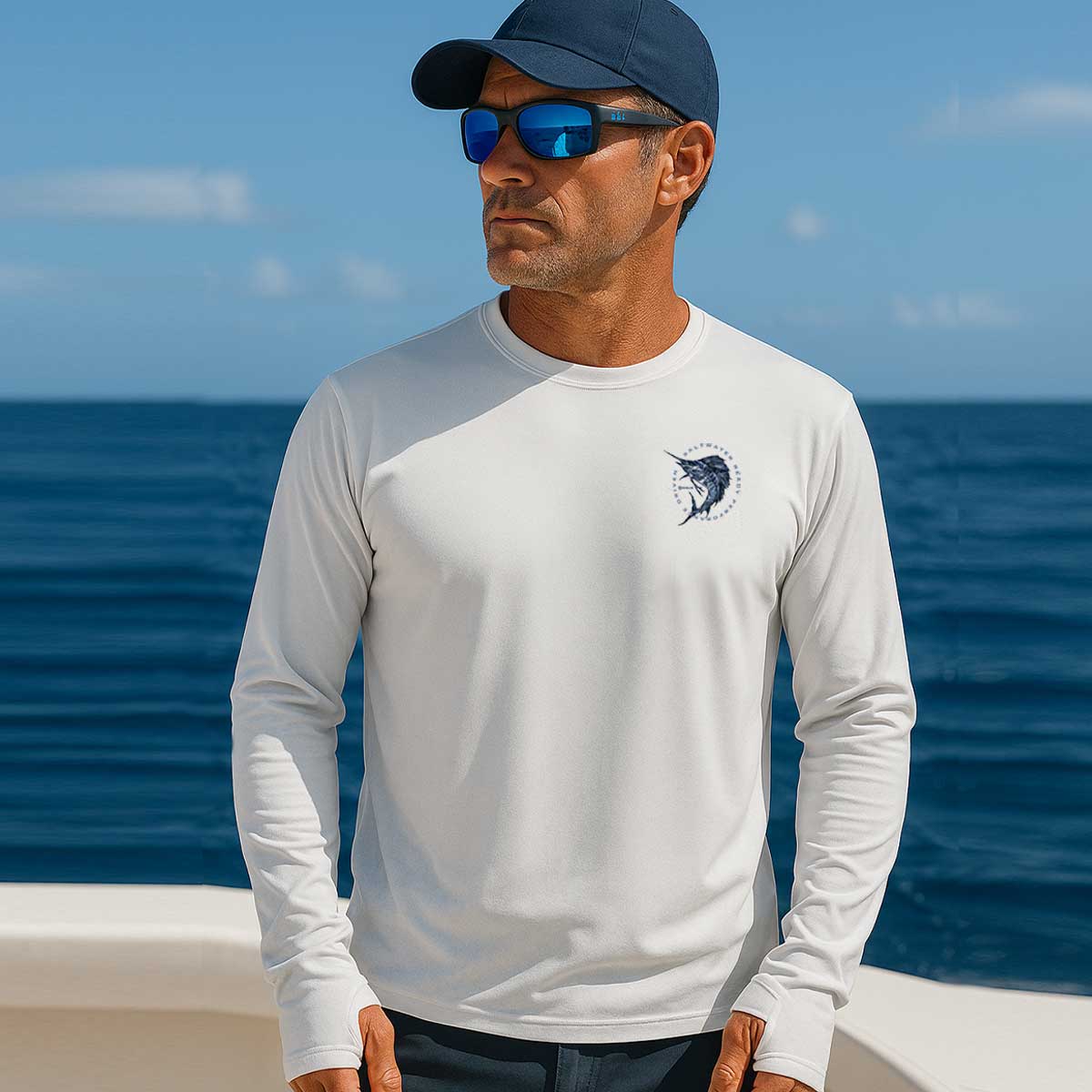 Man wearing a white long-sleeve shirt with a logo, blue cap, and sunglasses, standing on a boat with ocean in the background.