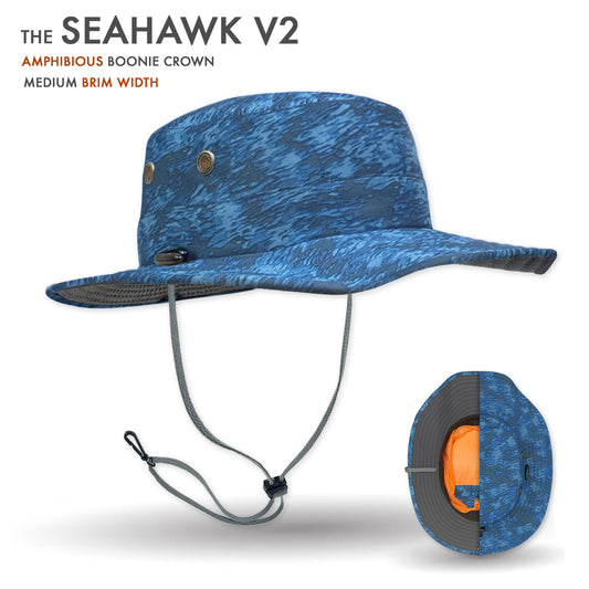 Blue camouflage boonie hat with medium brim width on a white background