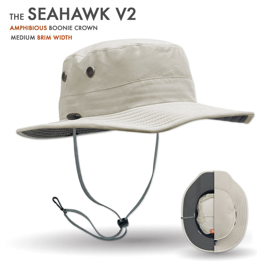 Beige hat with brim and chin strap on a white background, labeled 'Seahawk V2'.