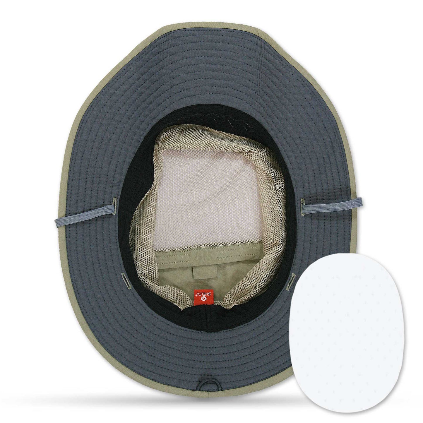 Gray wide-brimmed hat with mesh back and red label on a white background