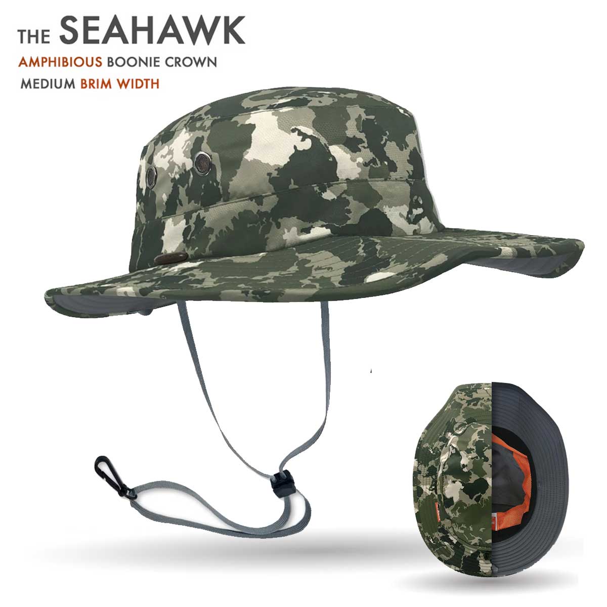 Camouflage boonie hat with medium brim width on a white background
